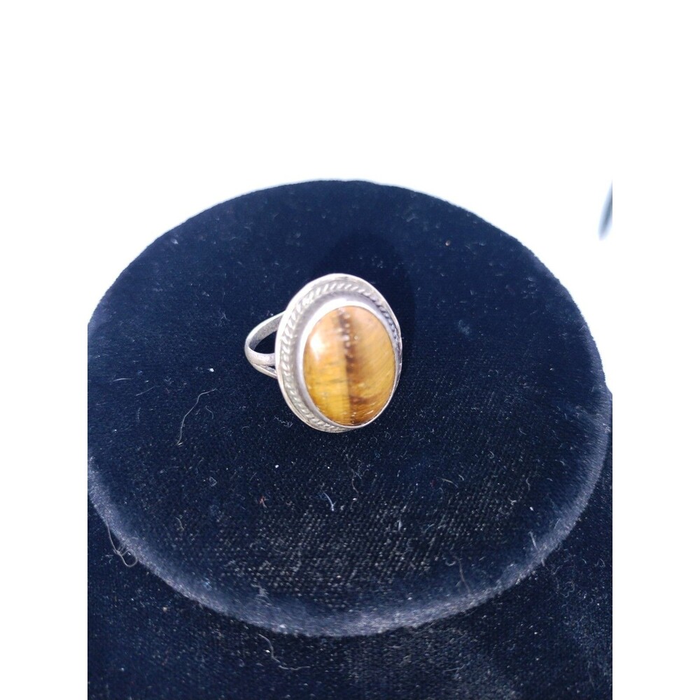 Men's Size 7 Silvertone Ring Retro Stone Looks Like Tiger Eye Stone